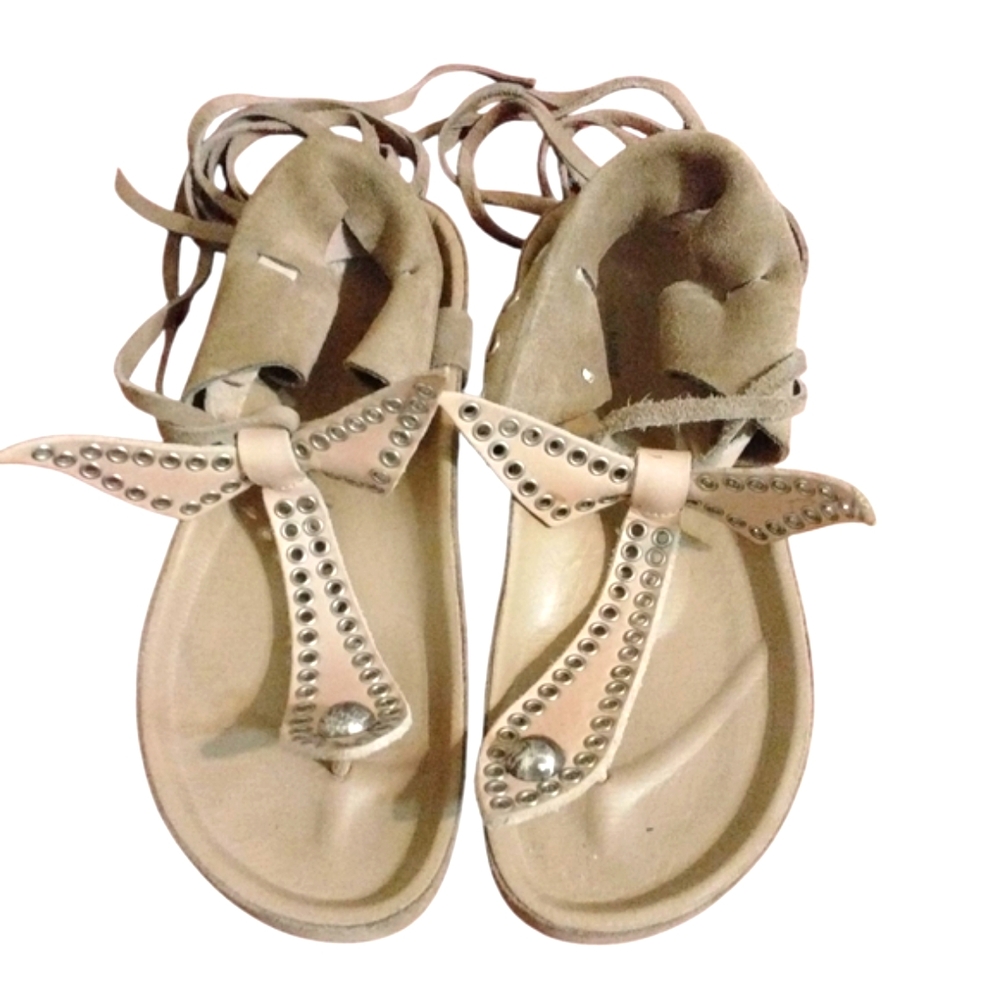 Isabel Marant Tan Leather Lace Up Sandals Size 6 Studded Thongs - Picture 4 of 12